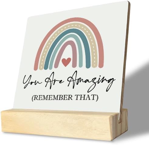 Primitive Wooden Sign, You are Amazing Remember That, Desk Plaque with Wooden Stand 4 x 4.3 inches, Rustic Home Decor, Farmhouse Sign, Inspirational Quotes Gifts for Friend Family, Cheer Up Gift B