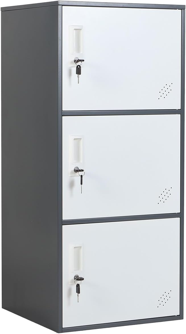 3 Door Metal Vertical Storage Locker for School, Office, Home,Gym,Stackable Steel Storage Cabinet with Lock,Anti-Falling Device. (3 Door, Grey)