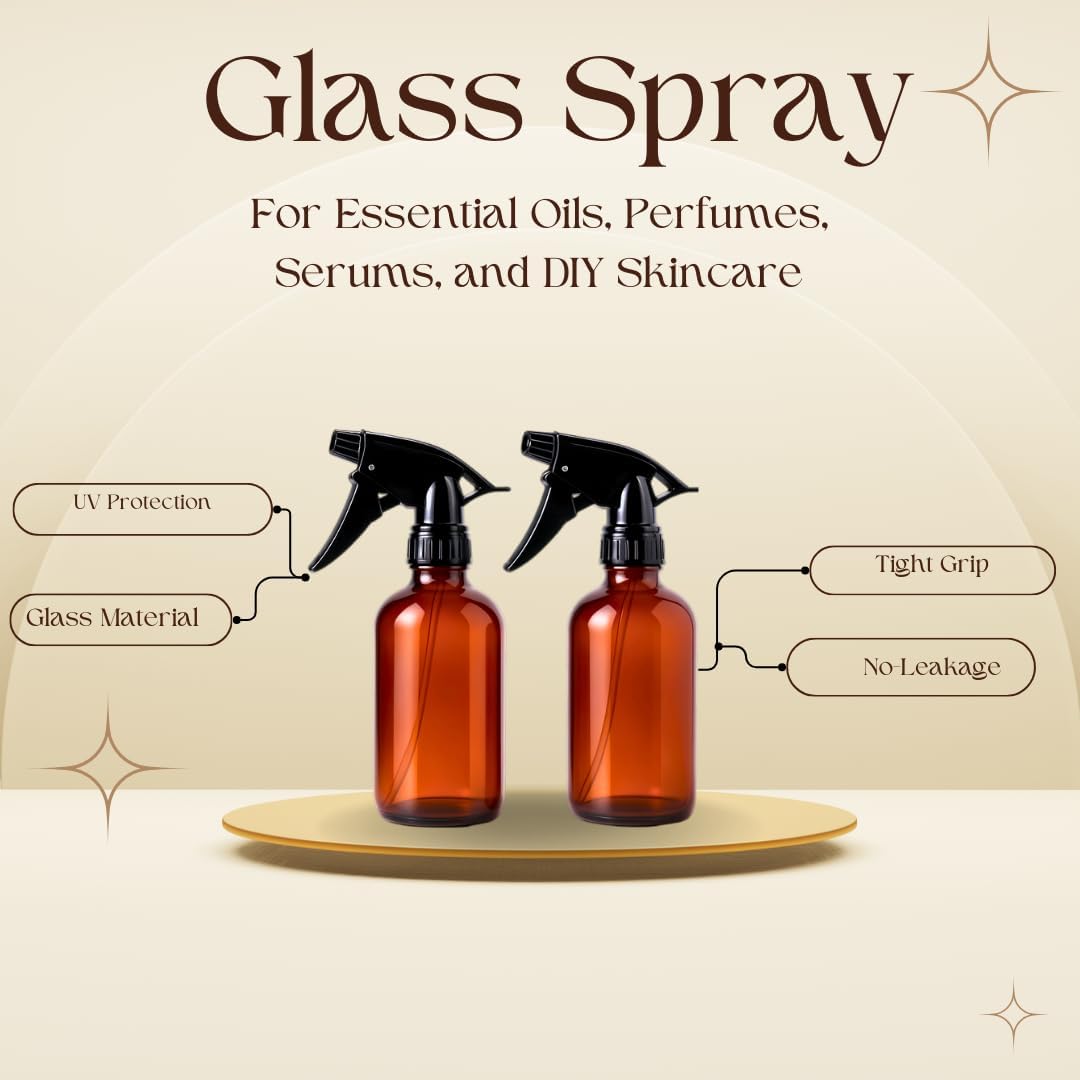 2 Pack Amber Glass Spray Bottles – 8oz Refillable Mini Bottles for Essential Oils, Perfumes, Serums, and DIY Skincare – Durable Small Amber Containers with Spray