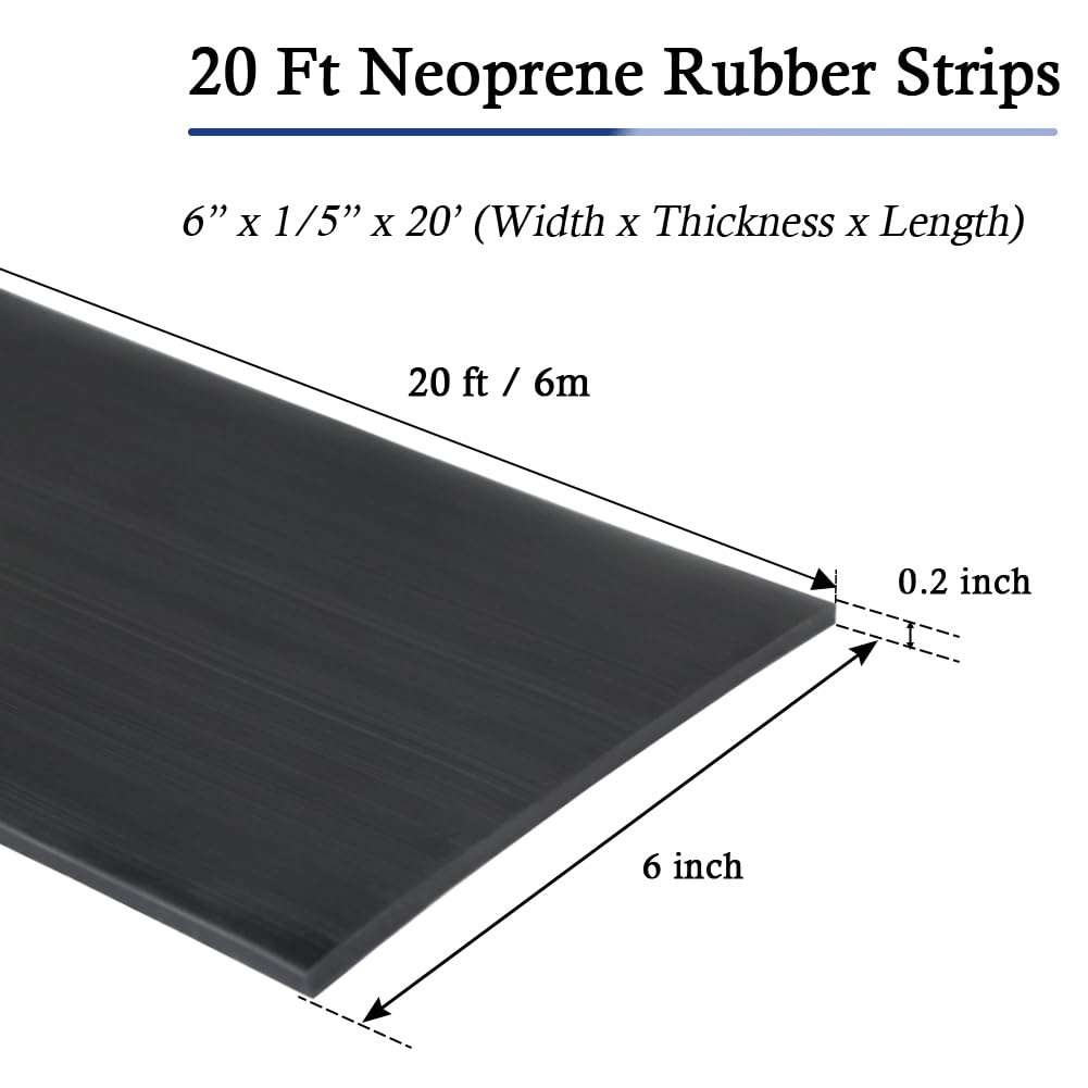 Neoprene Rubber Strips Self Adhesive Solid Rubber Sheets, Rolls & Strips for DIY Gaskets Crafts Pads Seals Warehouse Flooring Neoprene Sheet with Adhesive Backing (6" Wide x 1/5" Thick x 20' Long)