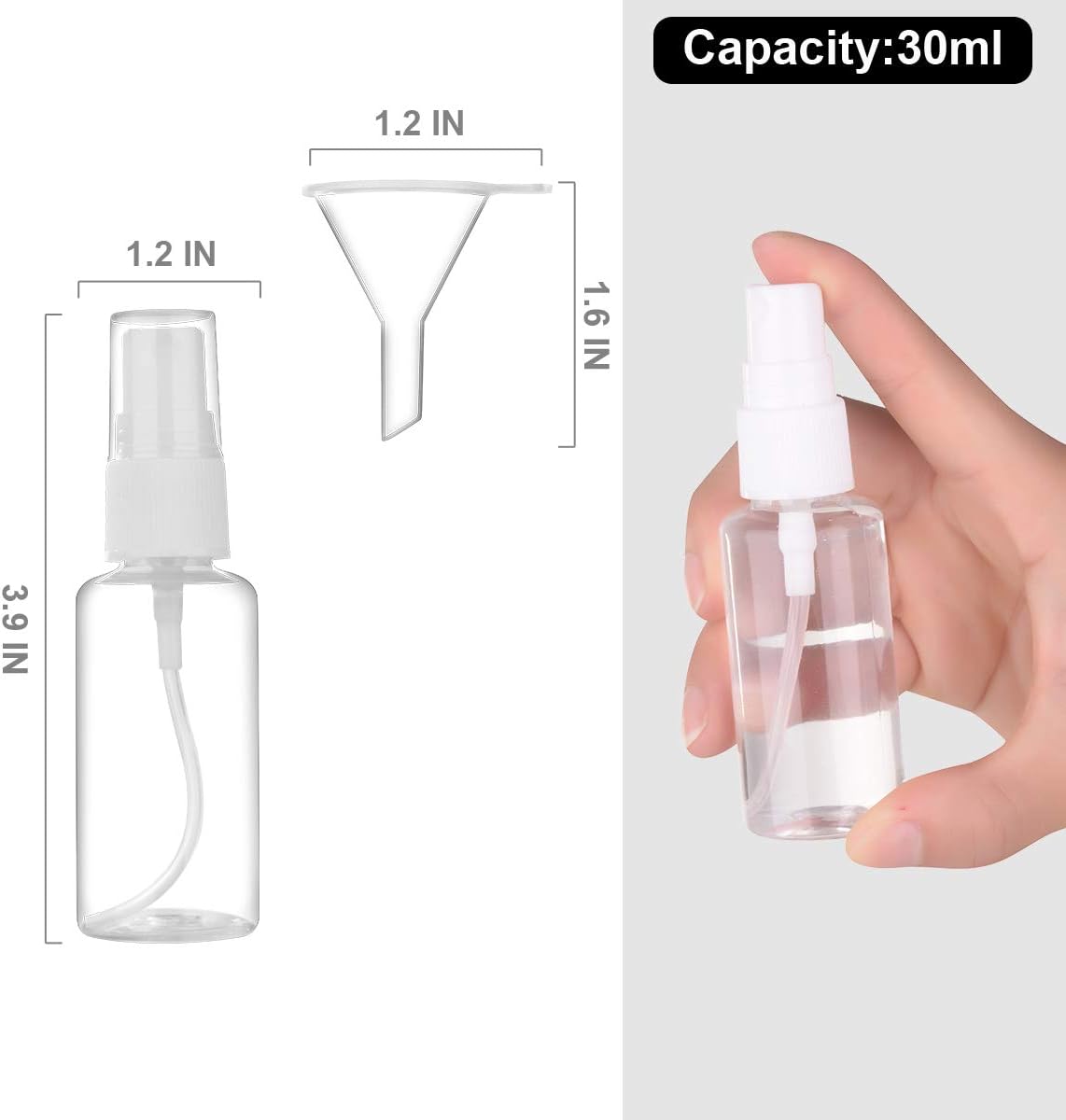 Spray Bottle, 1oz/30ml Small Plastic Fine Mist Spray Bottles, Mini Empty Travel Bottles with Funnels and Labels 6 Pack