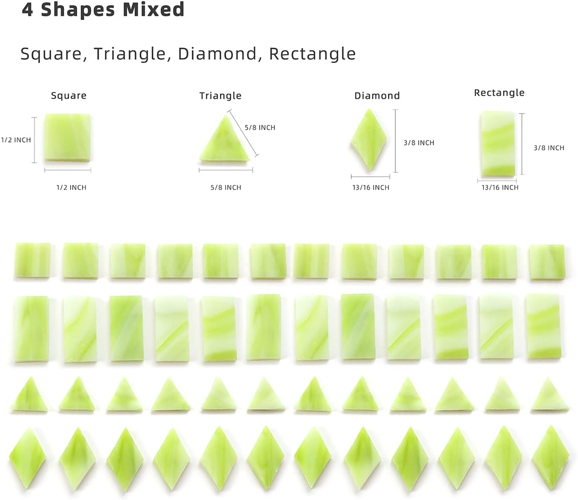 Lanyani 200 Mixed Color Glass Mosaic Tiles - 4 Shapes, Tiffany Stained Glass Pieces for Crafts, Chartreuse Green