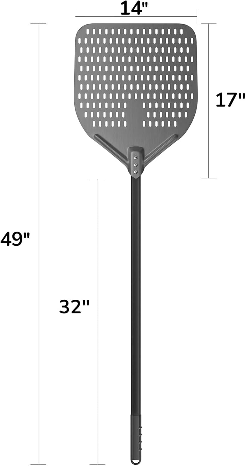 G.a HOMEFAVOR 14" x 17" Perforated Pizza Peel 49 Inch overall, Rectangular Aluminum Pizza Turning Peel with Extended Silcone Handle For Baking Pizza Brick Oven