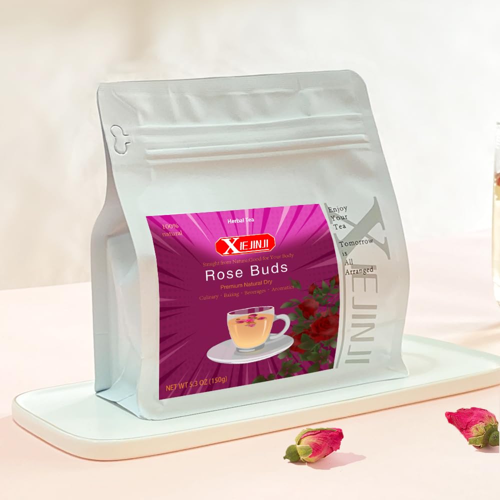 XIEJINJI Rose Tea - 100% Pure Loose Dried Rose Buds(5.3oz/150g) - Food Grade Natural Herbal Tea, Caffeine Free Sugar Free, Resealable Bag