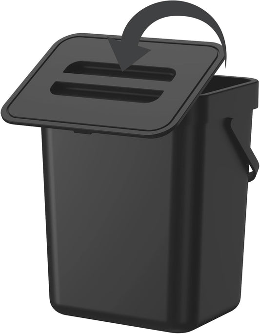 Compost Bin Kitchen, for use on Countertops or Under Sinks, Hanging Trash Can with Lid, for Cupboard/Bathroom/Bedroom/Office/Camping, Mountable Indoor Compost Bucket(Black 0.8 Gallon/3L)