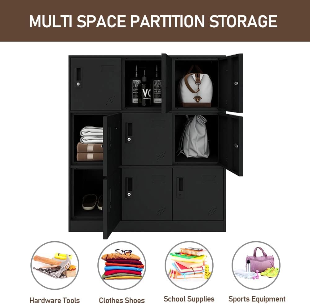 9 Door Metal Storage Locker Cabinet for Office, Home, Gym, School, Steel Cabinet to Storage File, Toys, Shoes and Sports Equipment, Locker Organizer for Gym Office Bedroom (9 Door, Black)