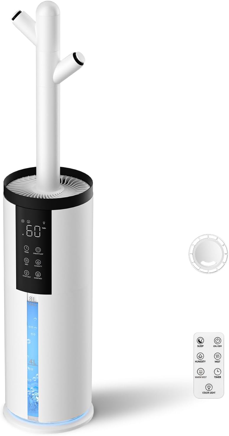 Humidifiers for Bedroom - GloryAir 2.11Gal (8L) Quiet Top Fill Cool & Warm Mist Humidifier Large Room 650 ft² with Humidistat, diffuser, Auto Mode, 7-Color Light for Plants, Baby,Adults, Office & Home