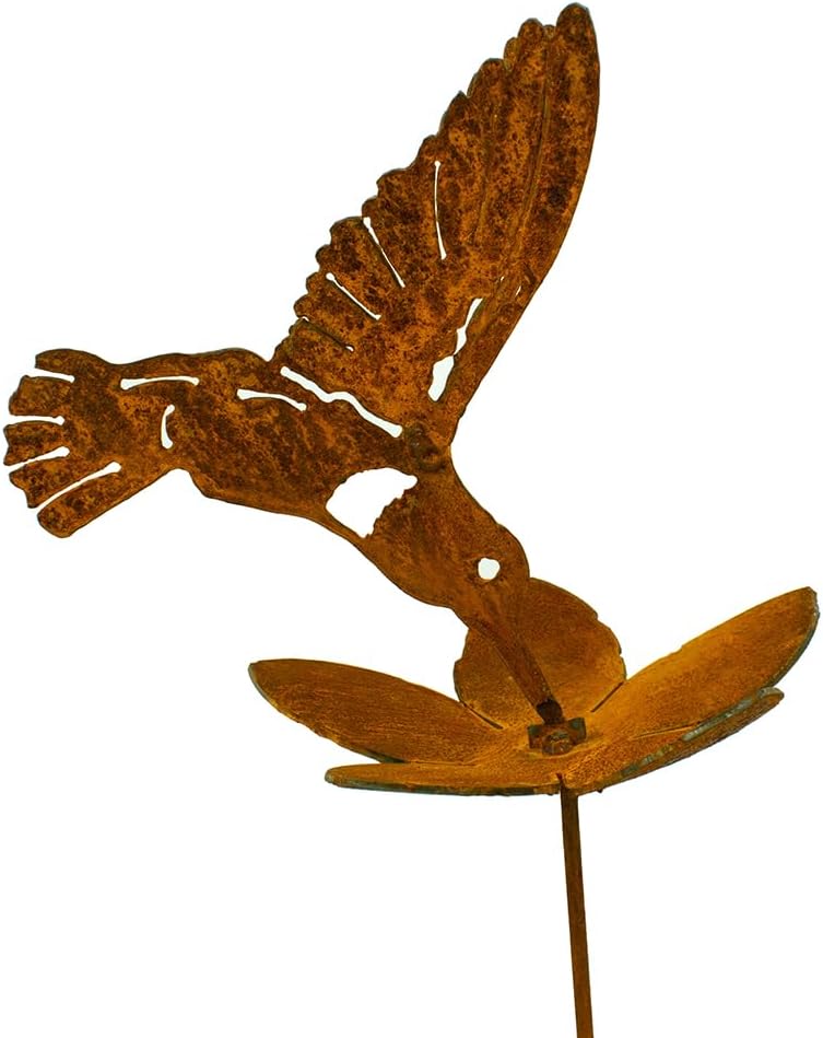 Hummingbird and Flower Garden Stake | Steel Construction with Real Rust Finish | Made in USA