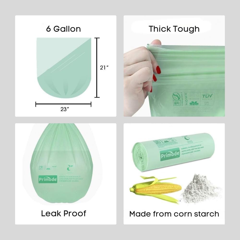 Primode Compostable Bags 6 Gallon Food Scraps Yard Waste Bags, 50 Count, Extra Thick 0.87 Mil. ASTMD6400 Compost Bags Small Kitchen Trash Bags, Certified By BPI And TÜV AUSTRIA