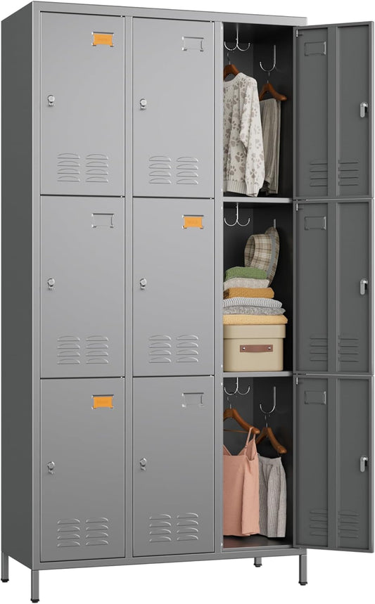 9 Doors Metal Lockers for Employees with 27 Hooks, Storage Locker with Business Card Holder for Office Gym School Bedroom, Assembly Required, Dark Gray