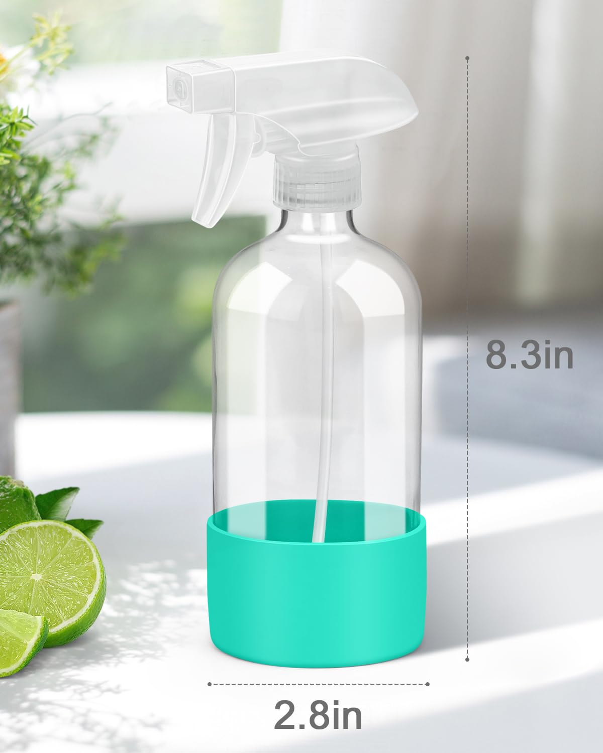 Glass Spray Bottles with Silicone Sleeve Protection, Empty 16OZ Reusable Spray Bottles, Refillable Containers with Spray Nozzles for Cleaning Solutions, Plants and Essential Oils 1 Pack Green