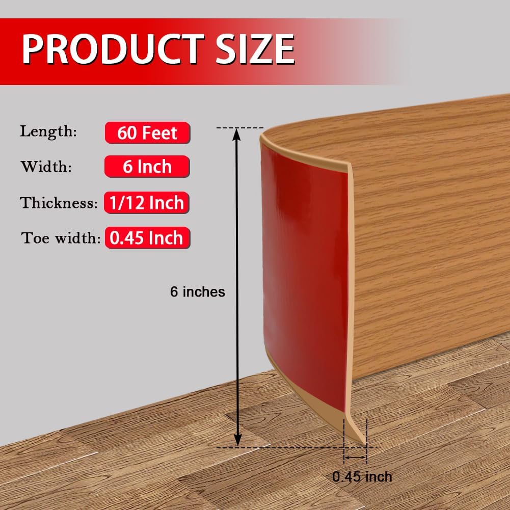 Vinyl Wall Base Baseboard Molding Trim 6" Flexible Self Adhesive Rubber Wall Base Moulding Trim Peel and Stick Design, 6 Inch x 60 Feet, Yellow Wood