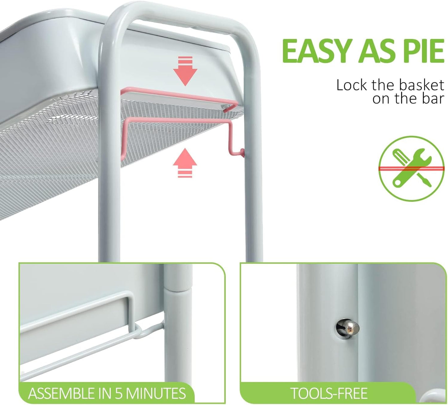 TOOLF 3-Tier Rolling Cart with Table Top, Metal Storage Cart on Wheels, Utility Organizer with Wooden Tray, Lockable Casters, Easy Assembly for Bathroom, Bedroom, Baby Room, Kitchen, Green