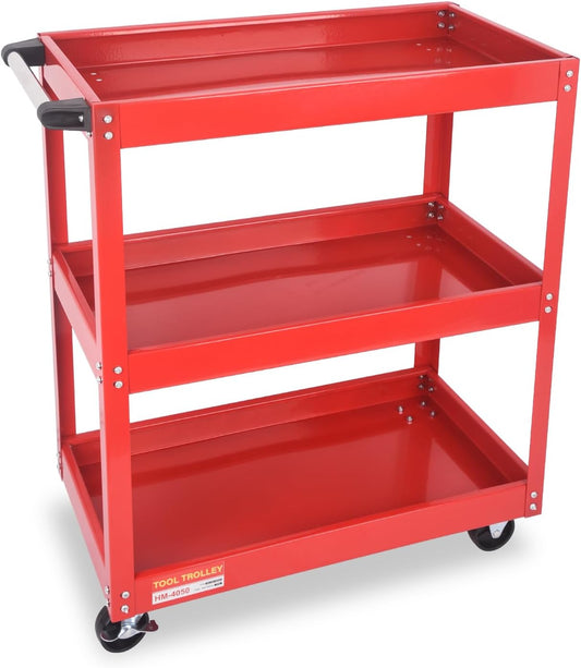 3-Tier Commercial Utility Cart with Brake Wheels, Sturdy Steel Construction, 110 lbs Capacity, Red