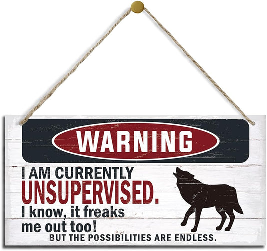 Warning Sign, Unsupervised Warning Wood Plaque Sign, Funny Door Signs, Decorative Wood Hanging Suspension Plaque, Farmhouse Wooden Wall Decor, Outdoor Hanging Wooden Signs
