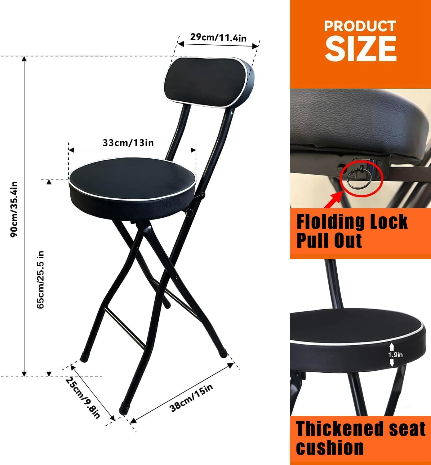 UWEAR 2 PCS Folding Bar Stool with Back, Tall Foldable Stool Leather Padded Portable Stools Counter Height Foldable Stools Chairs,Collapsible Stool for Adults Kitchen Island
