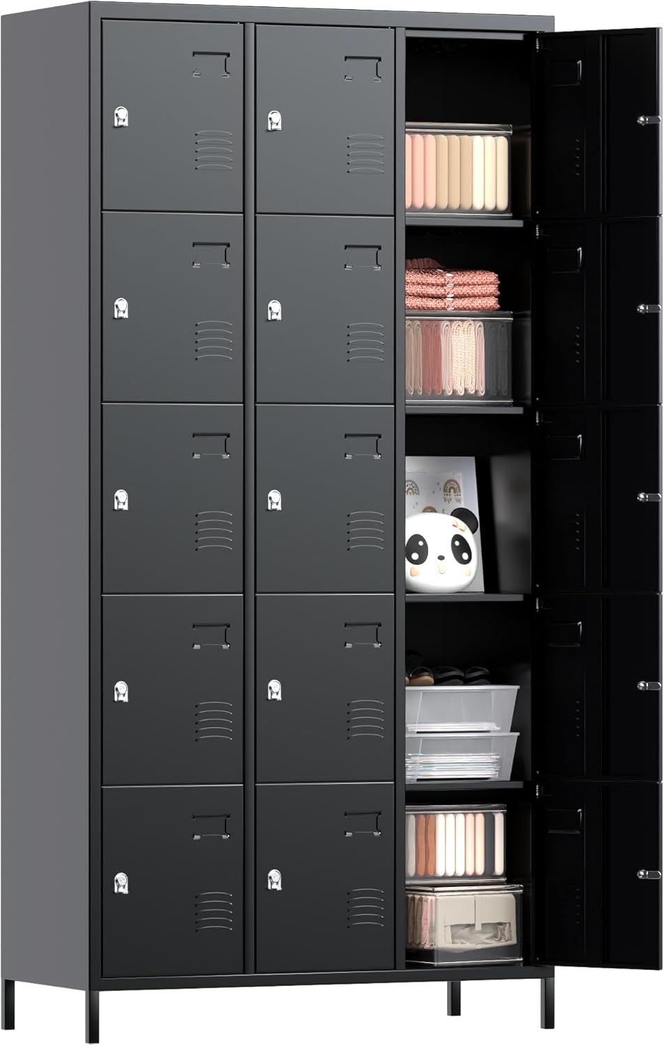 Aobabo 15 Doors Metal Storage Locker for Employees, Locker with Lock and Metal Leg for School Office Gym, Industrial Steel Storage, Black, Assembly Required