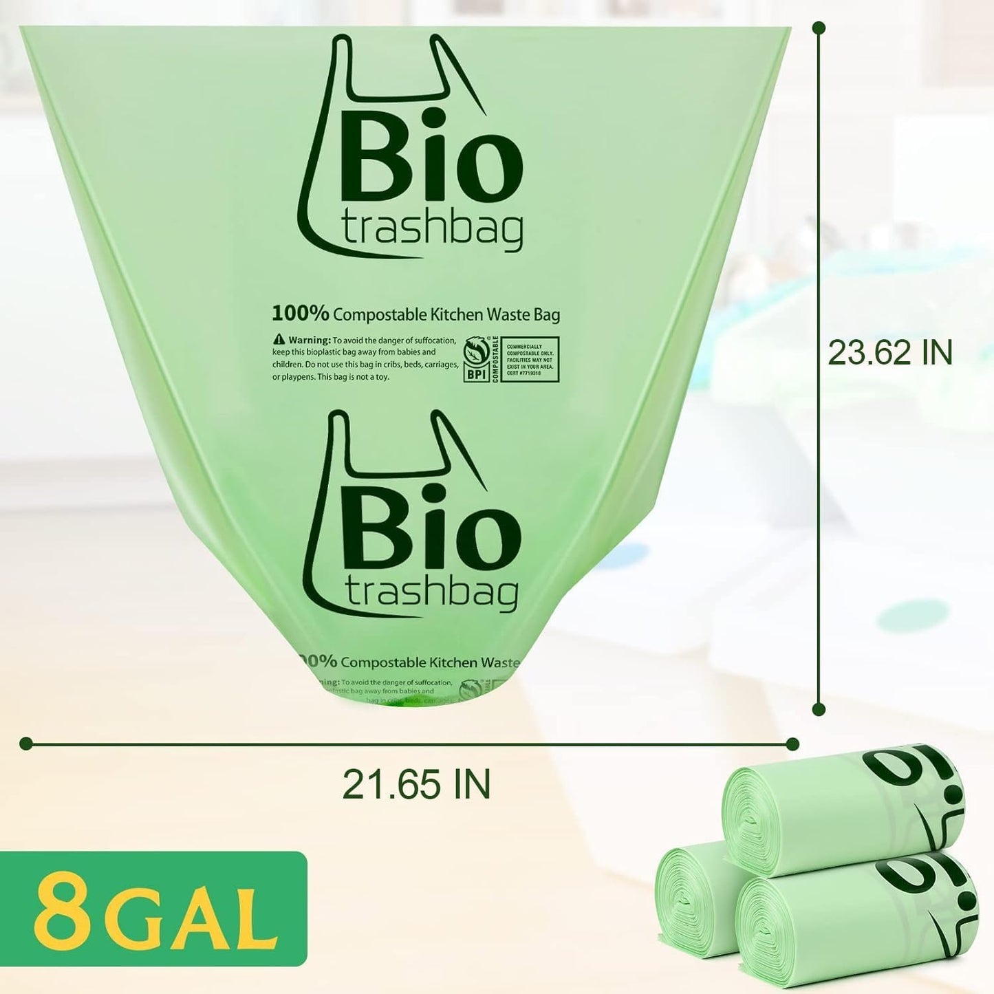 8 Gallon Compostable Trash Bags, 100 Count Flat-Top Garbage Bags Biodegradable, Medium Small Food Scrap Waste Bags for Kitchen Bathroom Office Car, US BPI and Europe OK Compost