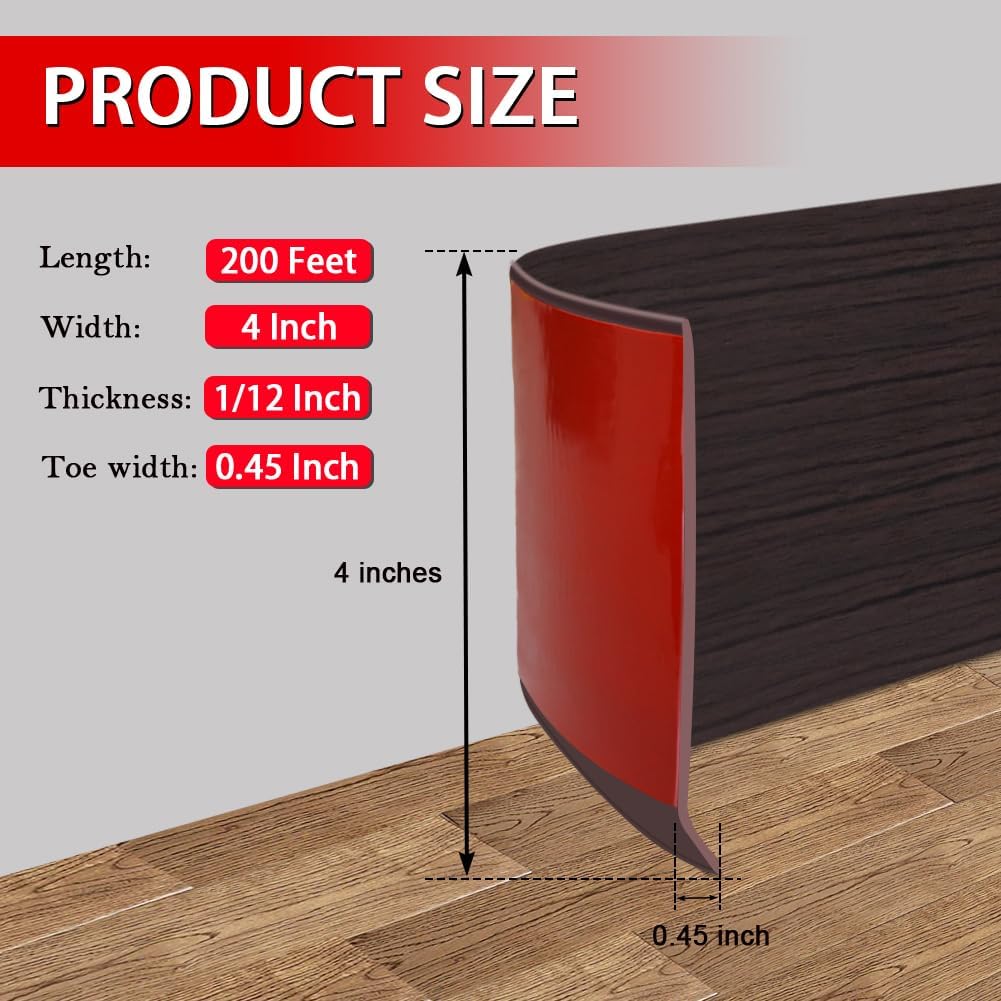 Vinyl Wall Base Baseboard Molding Trim 4" Flexible Self Adhesive Rubber Wall Base Moulding Trim Peel and Stick Design, 4 Inch x 200 Feet, Black Walnut Wood