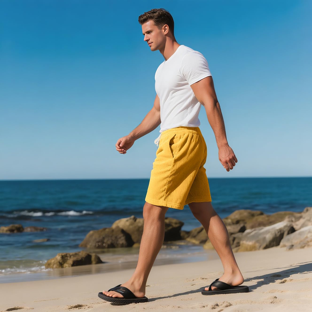 Mens Cargo Shorts Casual Drawstring Elastic Waist Corduroy Summer Beach Shorts with Pockets