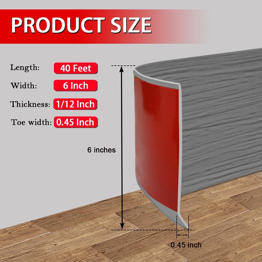 Vinyl Wall Base Baseboard Molding Trim 6" Flexible Self Adhesive Rubber Wall Base Moulding Trim Peel and Stick Design, 6 Inch x 40 Feet, Medium Grey Wood