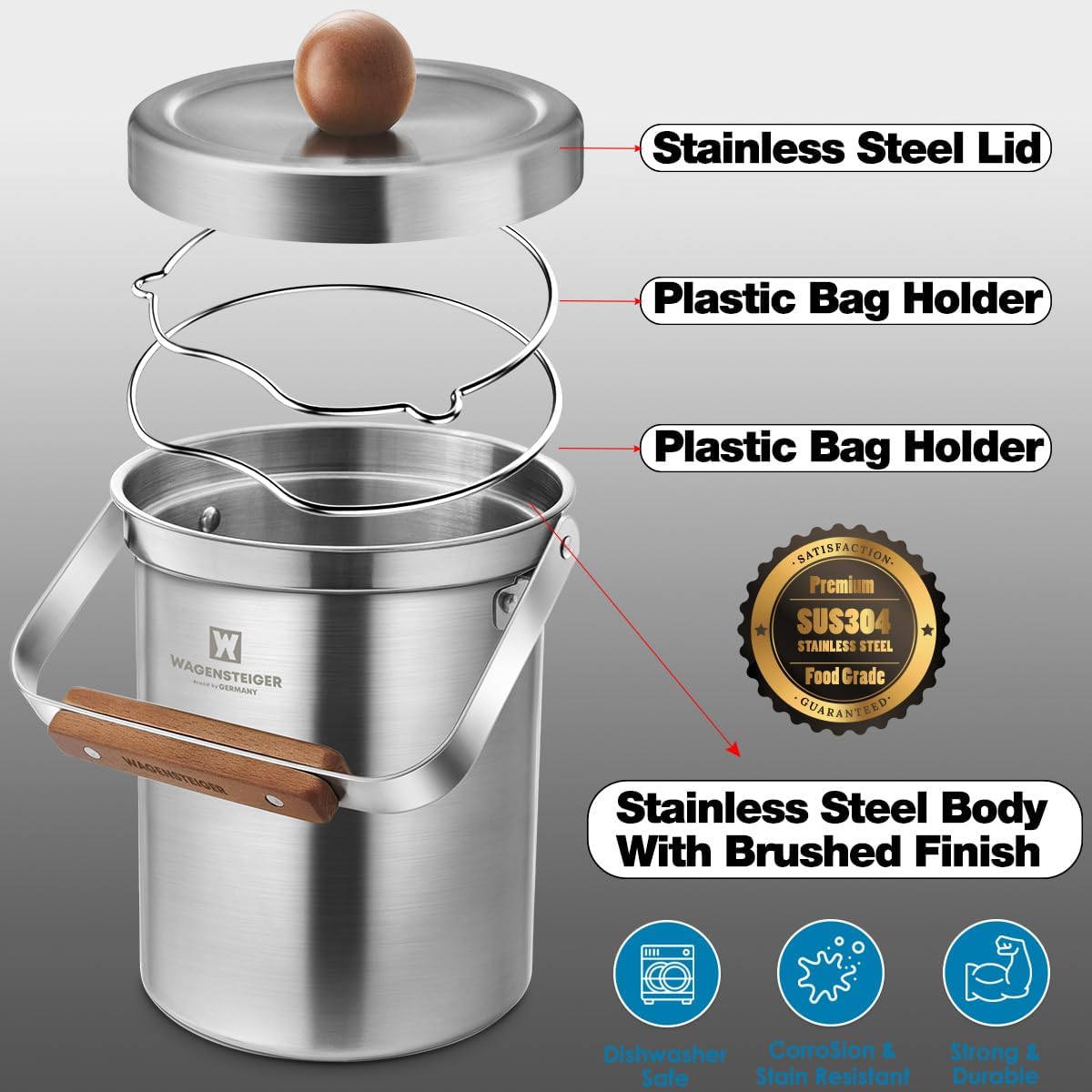 Kitchen Countertop Compost Bin 101ounces / 3Liters with Airtight Lid, SUS304 Stainless Steel Odor-Free Food Waste Bin with Wooden Handle Stylish Design/Bathroom Trash Can (Silver)