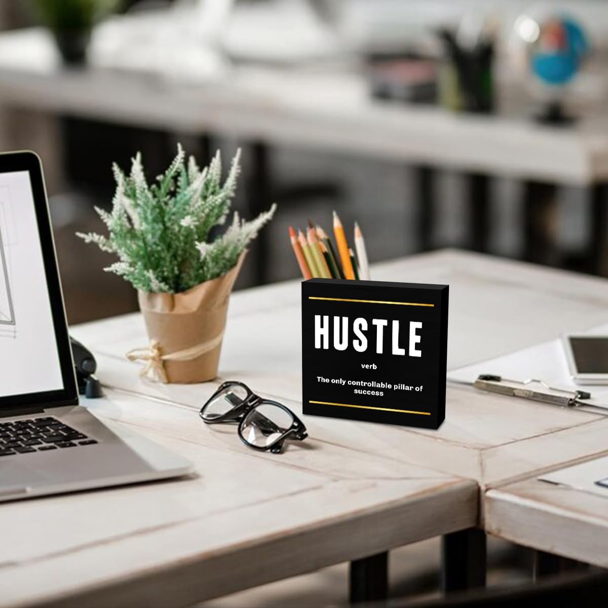 Hustle Definition Entrepreneur Black Wooden Box Sign, Inspirational Office Decor, Decorative Table Shelf Desk Rustic Workplace Farmhouse Home Counter Decor Office Decorations Desk Accessories