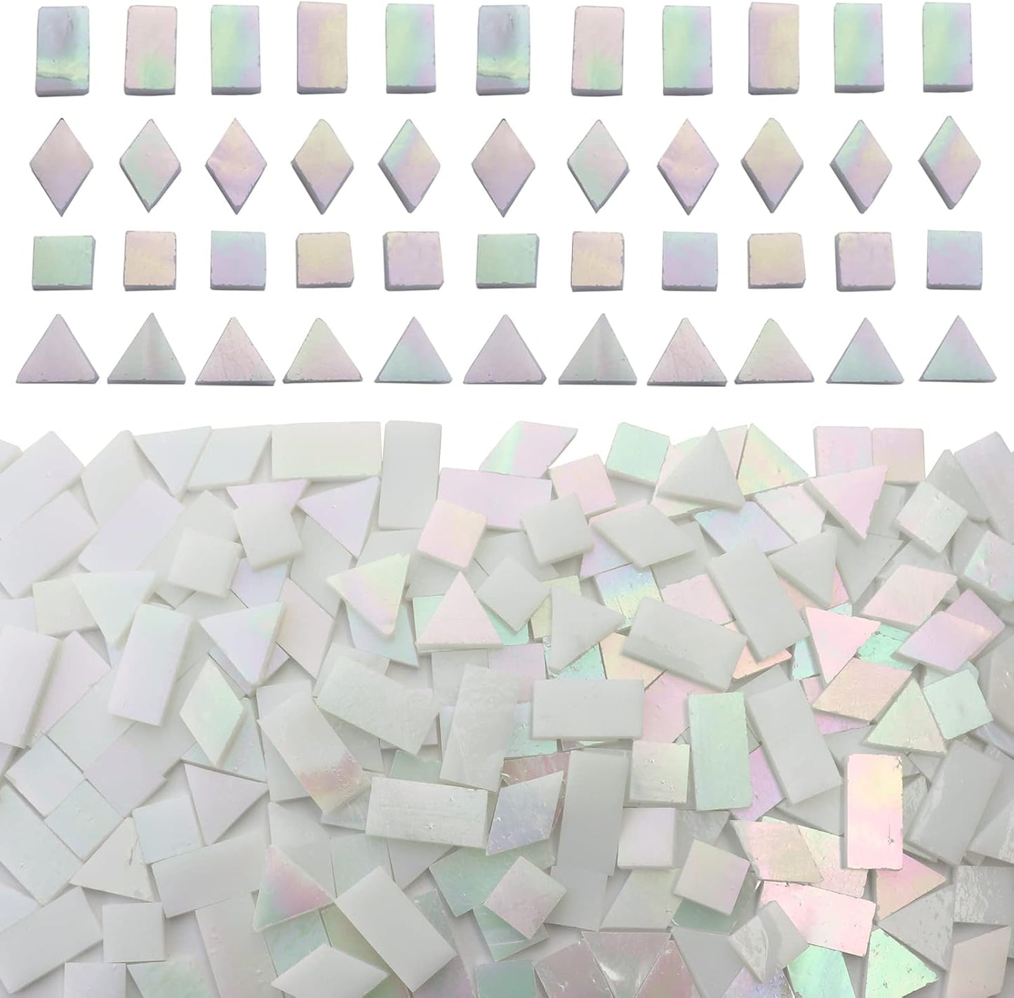 Iridescent White Glass Mosaic Tiles for Crafts, 280 Pcs Mixed 4 Shapes Stained Glass Sheets, Mosaic Kit for Adults Kids, Supplies for Mosaics