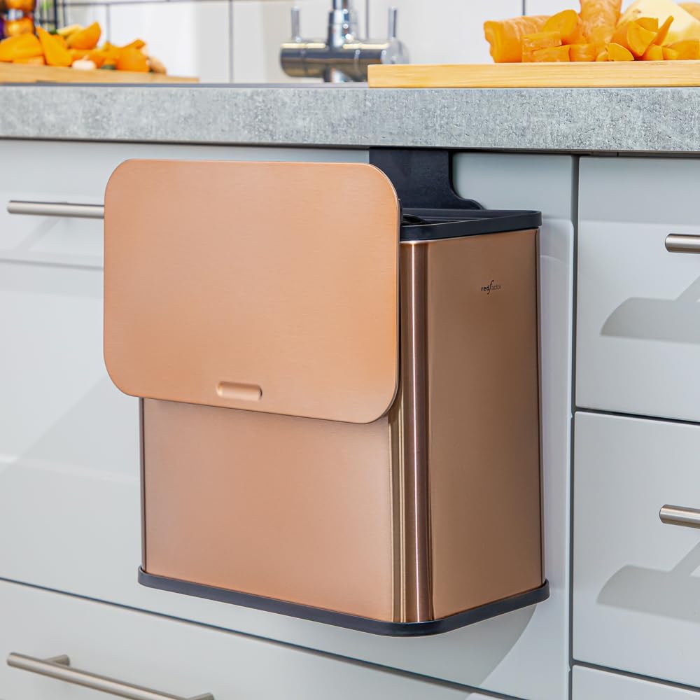 RED FACTOR Stainless Steel Hanging Trash Can with Lid and Inner Bucket – Slim 1.3 Gallon Odor-Free Compost Bin for Kitchen Cabinet, Countertop, Under Sink, or Bathroom (Copper)