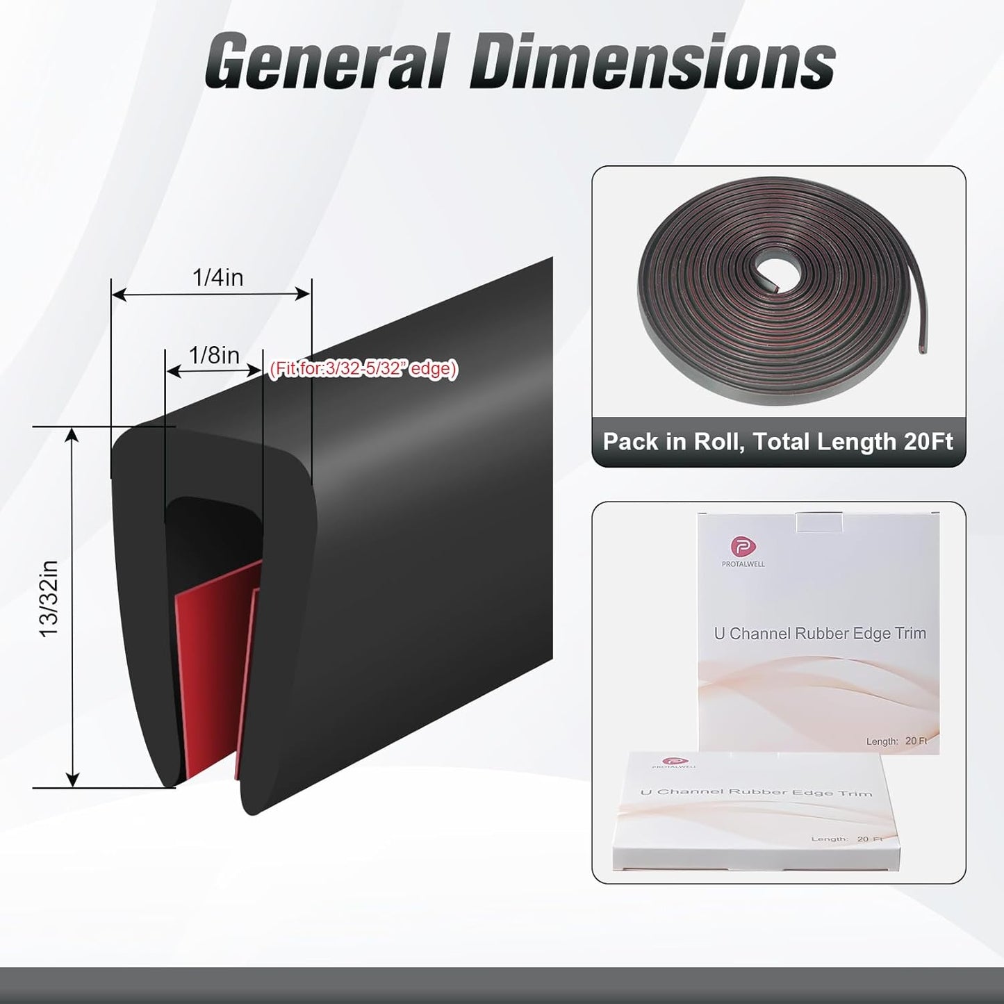 Edge Trim, 1/8" Rubber Edge Trim, Flexible Self Adhesive U Channel Edge Protector for Glass, Mirror, Plywood, Steel Panel Sharp Edges, U Shaped Peel and Stick Trim, Black Color, 20Ft