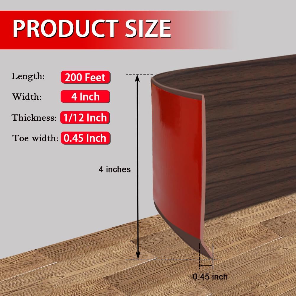 Vinyl Wall Base Baseboard Molding Trim 4" Flexible Self Adhesive Rubber Wall Base Moulding Trim Peel and Stick Design, 4 Inch x 200 Feet, Brown Wood