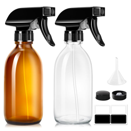 Tecohouse Glass Spray Bottle 8 oz, Clear Small Empty Refillable Sprayer Container with Labels, Funnel, Lids, Graduated Pipettes - Handheld Size