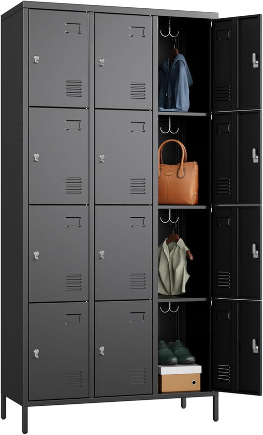 Aobabo 12 Doors Metal Storage Locker for Employees, Storage Locker with Name Card Slot for Garage School Office Gym, Black, Assembly Required