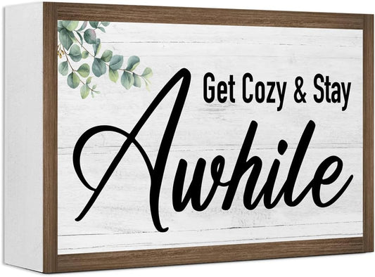 Get Cozy And Stay Awhile Wooden Box Sign Desk Decor,Rustic Family Saying Wood Block Sign for Home Farmhouse Bedroom Shelf Tabletop Wall Decor