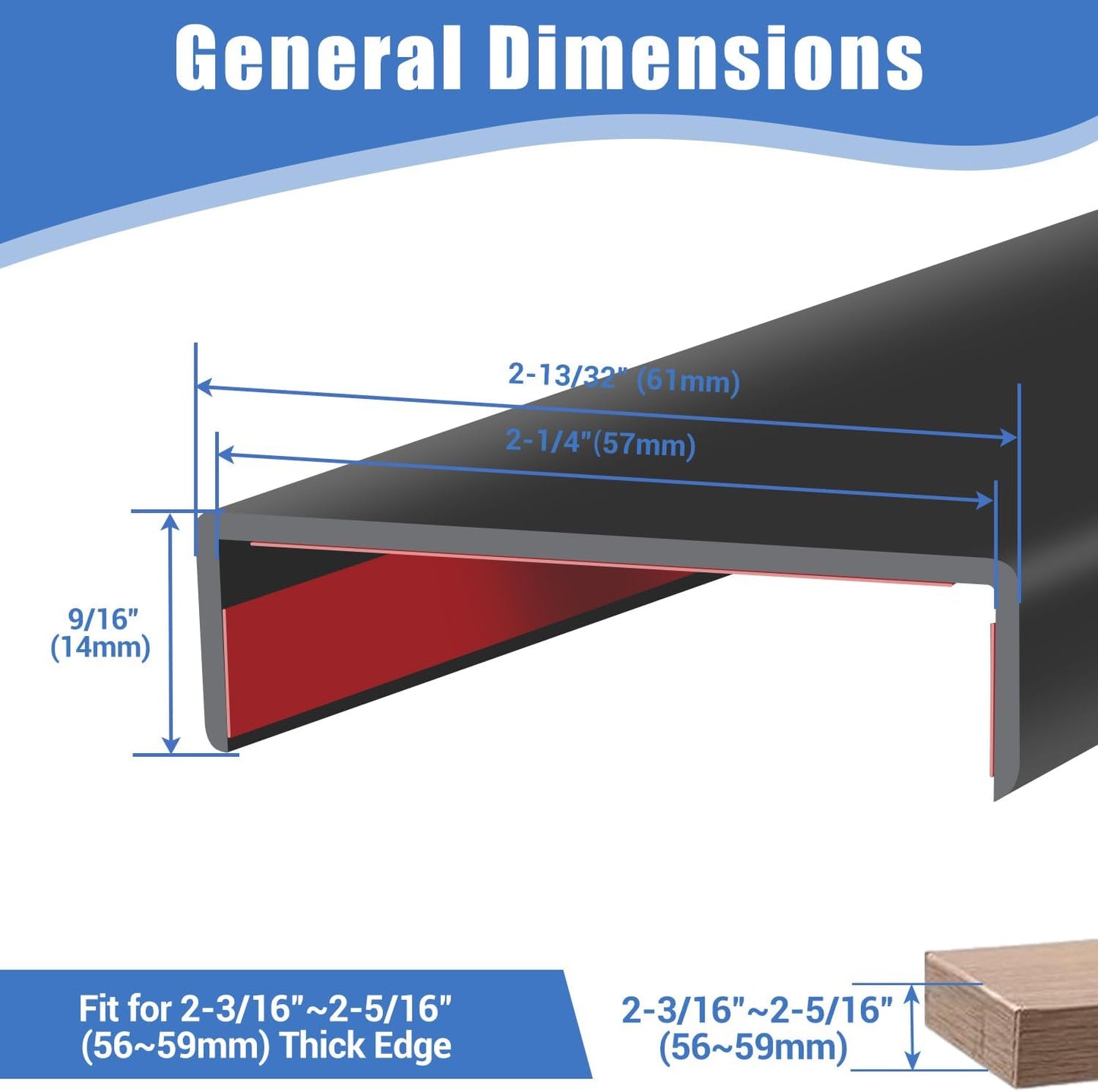Rubber Edge Trim, Self-Adhesive U Shaped Edge Protector for Plywood, Cabinet, 2-1/4" Wood Edge Banding, Flexible Furniture Repair, EPDM Material, Fit 2-1/4"(57mm), Length 10Ft, Black