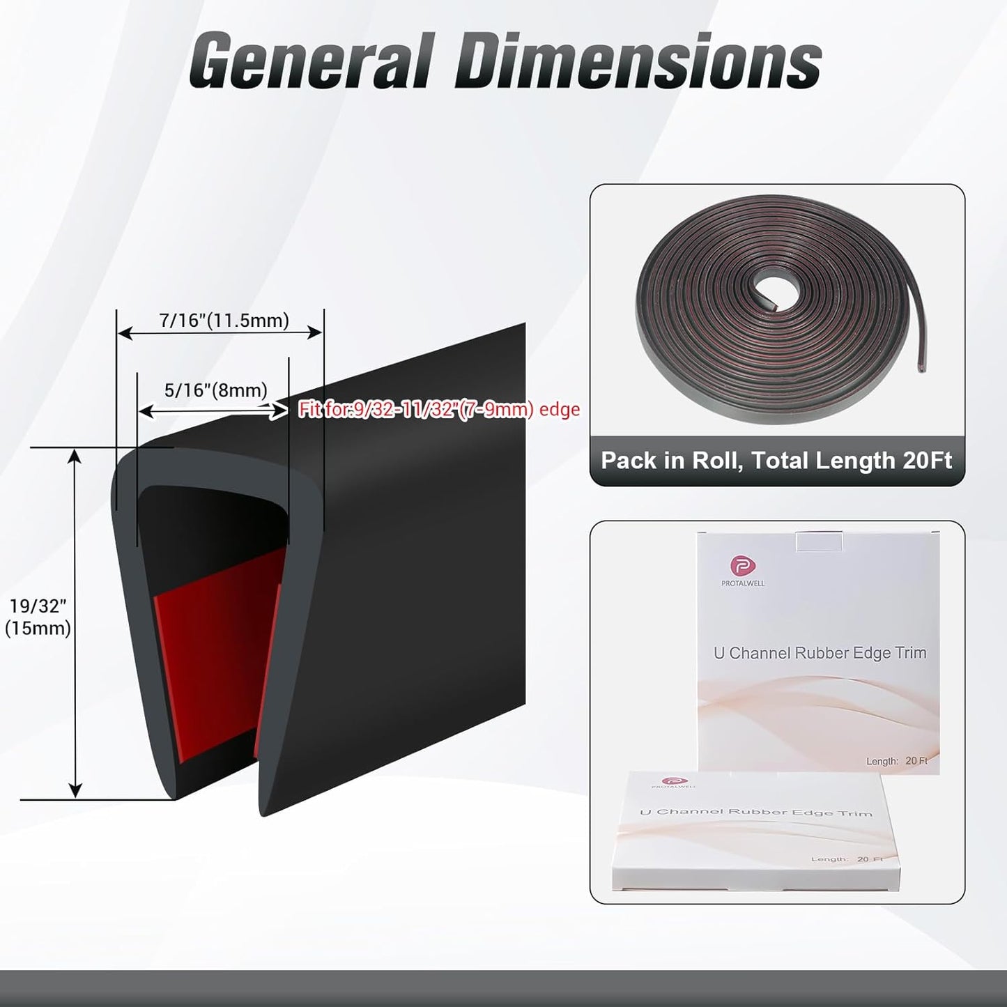 Rubber Edge Trim, Self Adhesive U Channel Edge Trim, U Shaped Trim for Plywood, Glasses, Mirror, Flexiglass, Sharp Edge Parts, Fit for 5/16", Length 20Ft, Black Color, Peel and Stick Plastic Trims