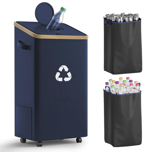 26 Gallon Recycling Bin for Kitchen, 100L Recycle Bin with Lid, Recycle Bins for Kitchen with 4 Wheels(Lockable),2 Reusable Inner Bags, for Bottle Can Glass Plastic Stickers, Dark Blue