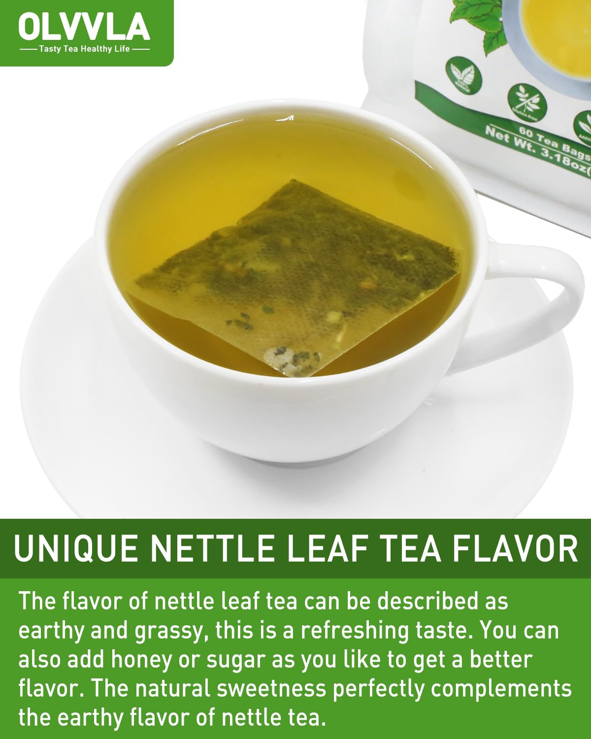 Olvvla - Premium Nettle Leaf Tea - 1.5g X 60 Count - 100% Pure Natural Stinging Nettle Tea Bag - Caffeine-free - Non-GMO - Rich in Antioxidants & Support Bone Health