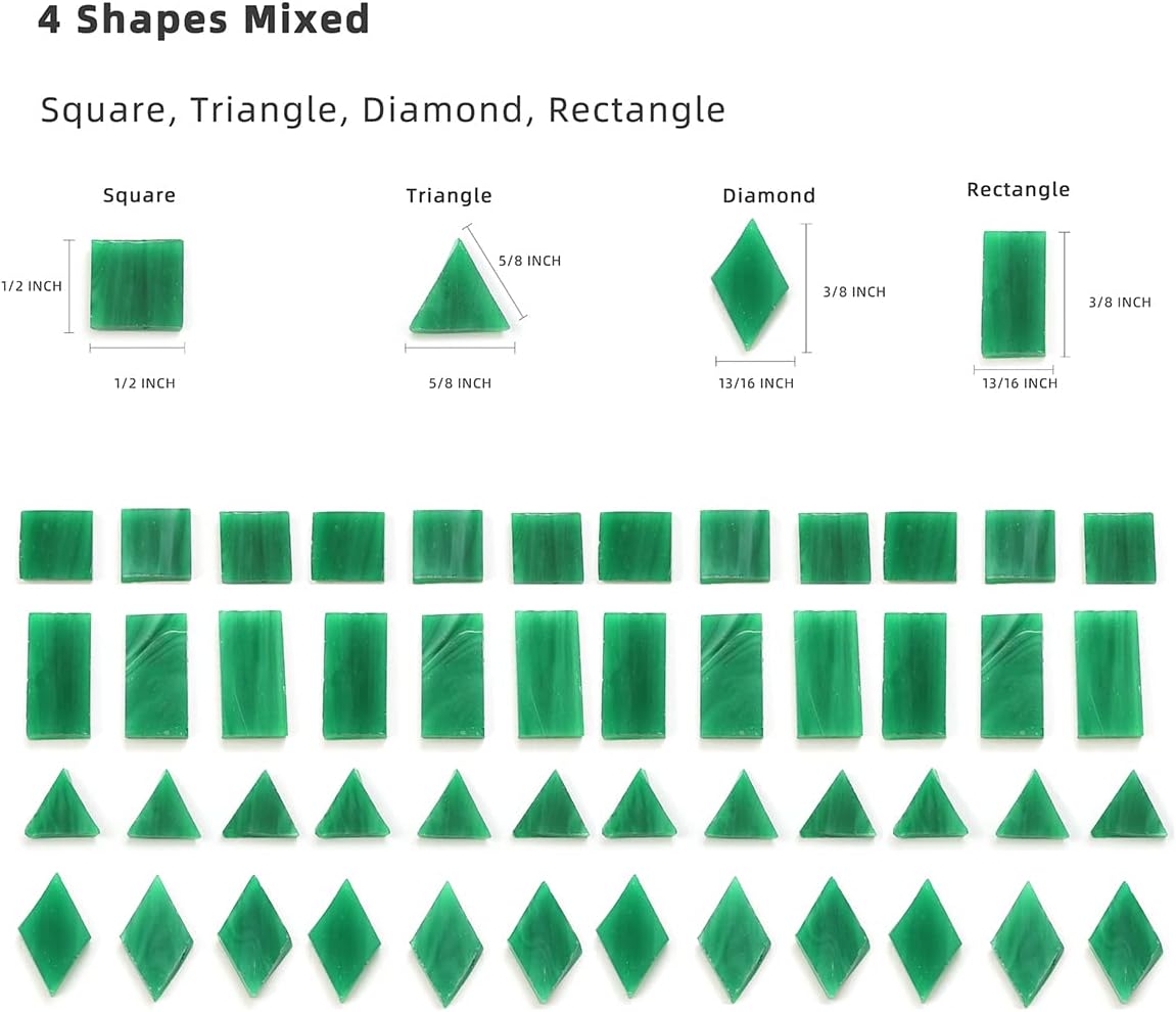 Lanyani 200 Mixed Color Glass Mosaic Tiles - 4 Shapes, Tiffany Stained Glass Pieces for Crafts, Pine Green