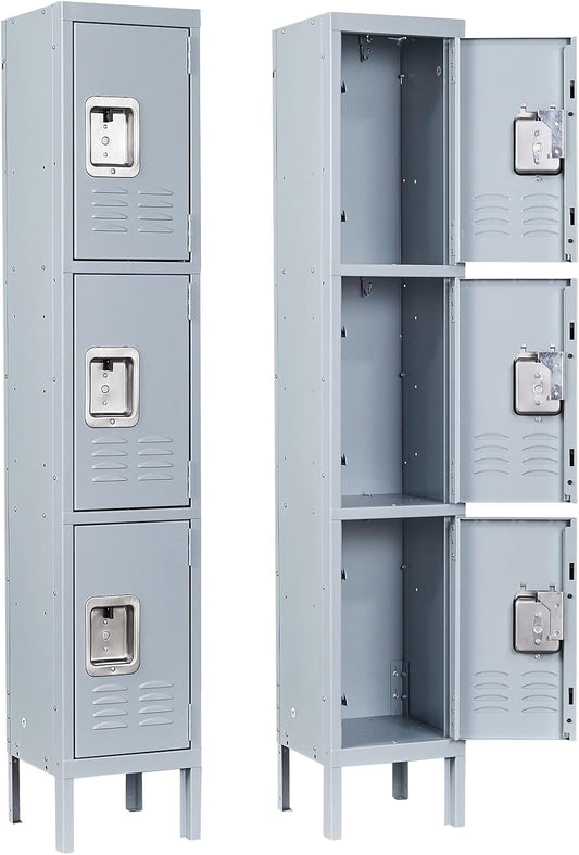 Metal Locker for School Home Office Gym, Steel Storage Lockers for Employees Students, 3 Tier Metal Storage Locker Cabinet with 3 Doors (Grey)