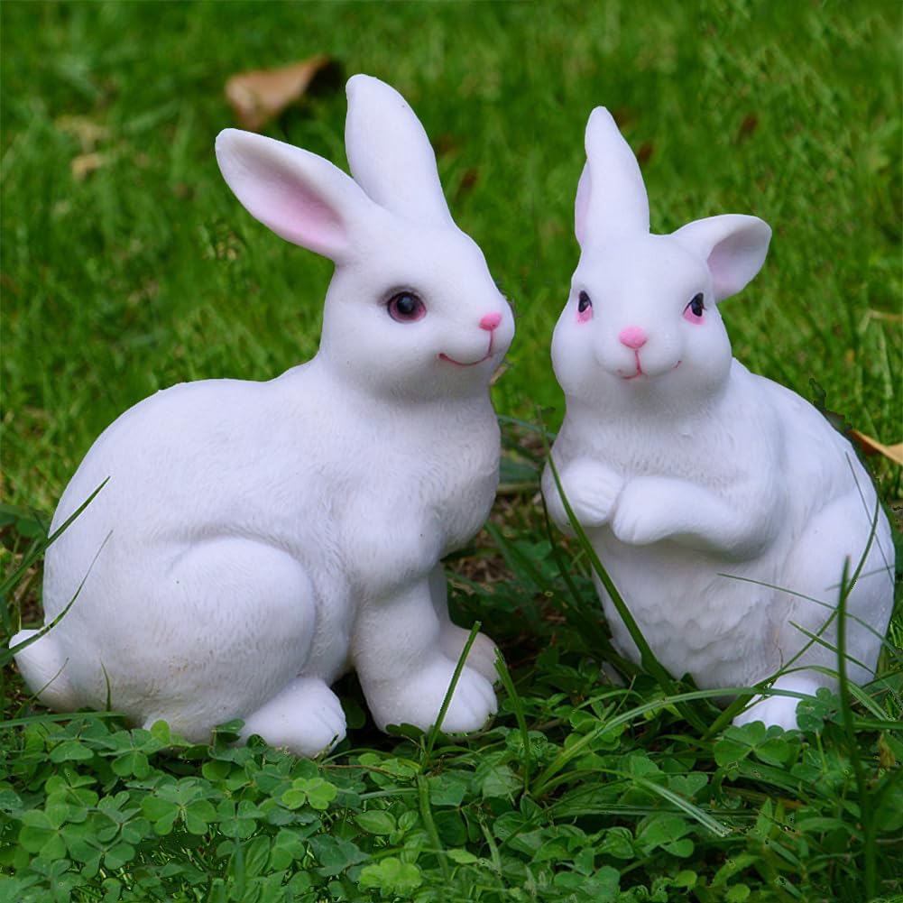 1 Pair Garden Statues Bunny Decor Resin Rabbit Figurine Cute Fairy Garden Decor Outdoor Statues for Patio Yard Porch Balcony Gifts for Women Mom Grandma White