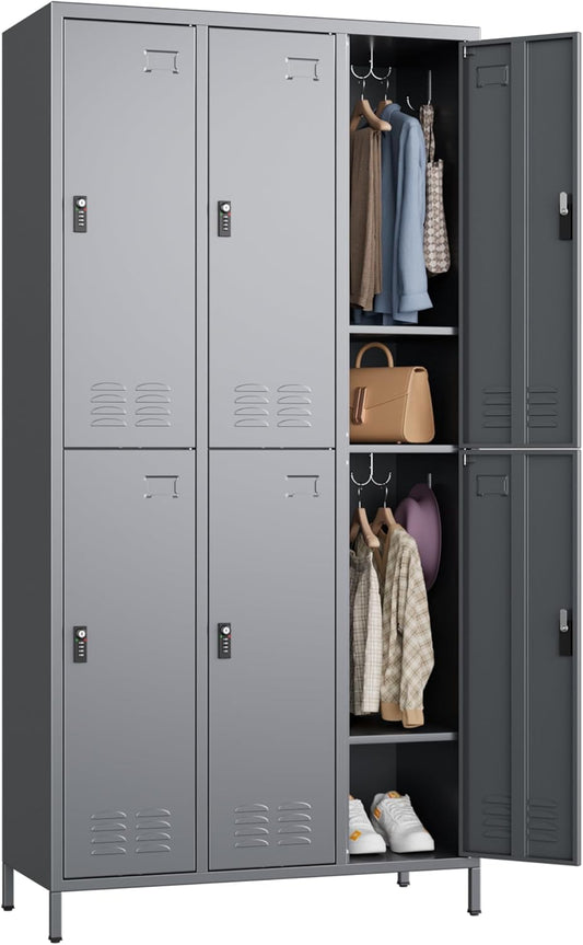6 Doors Metal Lockers for Employees with Combination Locks and 6 Shelves, Storage Locker with 18 Hooks and Business Card Holder for Office Gym School Bedroom, Assembly Required, Dark Gray