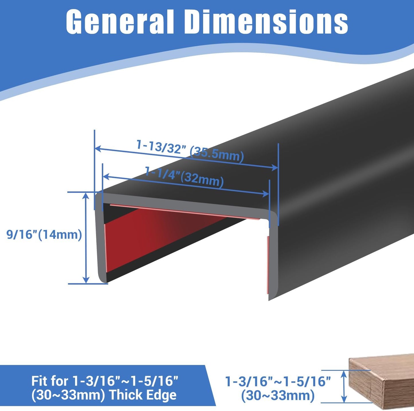 Rubber Edge Trim, Self-Adhesive U Channel Edge Protector for Plywood, Cabinet, 1-1/4" Wood Edge Banding, Flexible Furniture Repair, EPDM Material, Fit 1-1/4"(32mm), Length 20Ft, Black