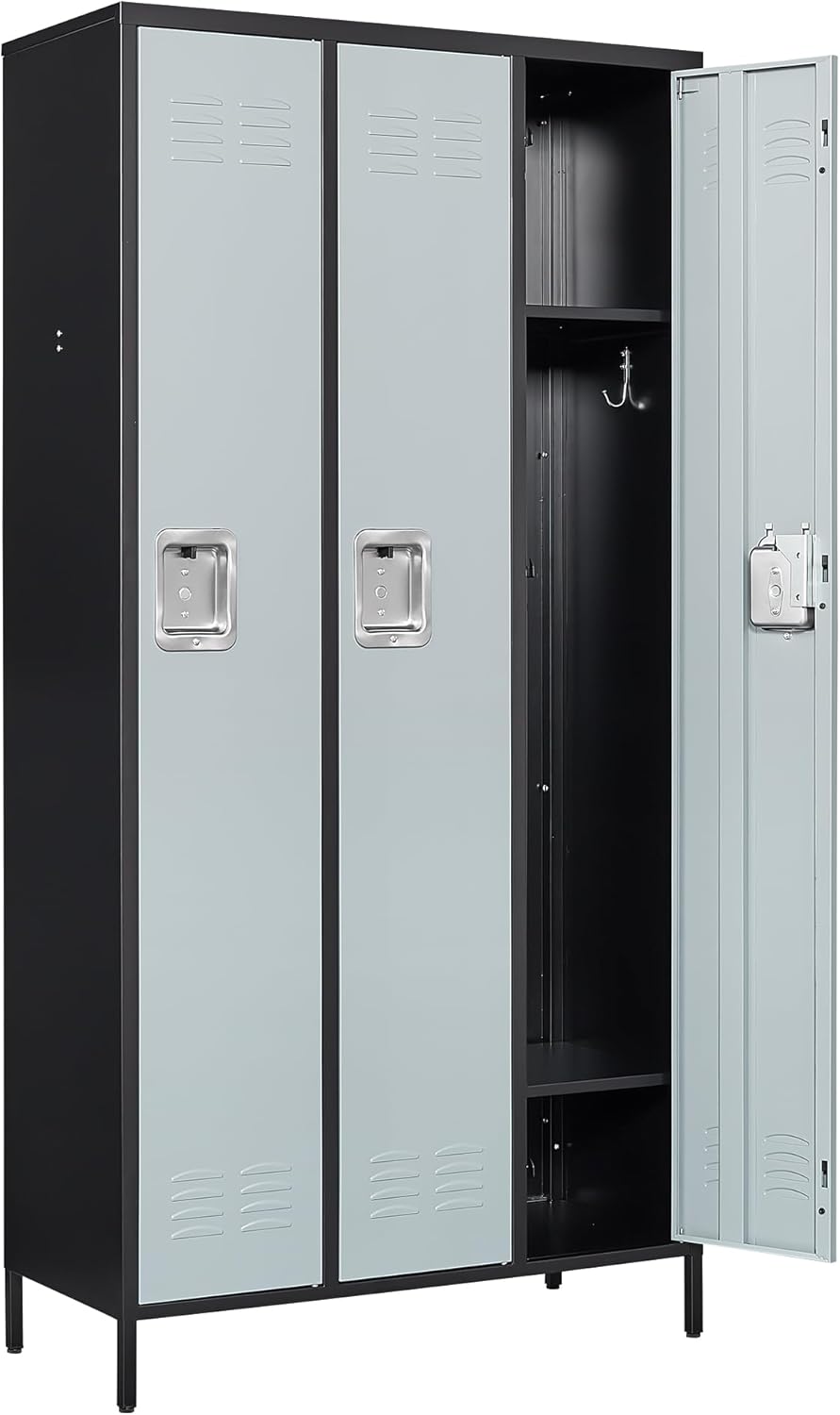Metal Locker with 3 Doors Employees Locker, Metal Storage Locker with Hooks, 71" Storage Cabinet Lockers for Employees, Home, Office, Gym Requires Assembly (3 Doors, Black Grey)