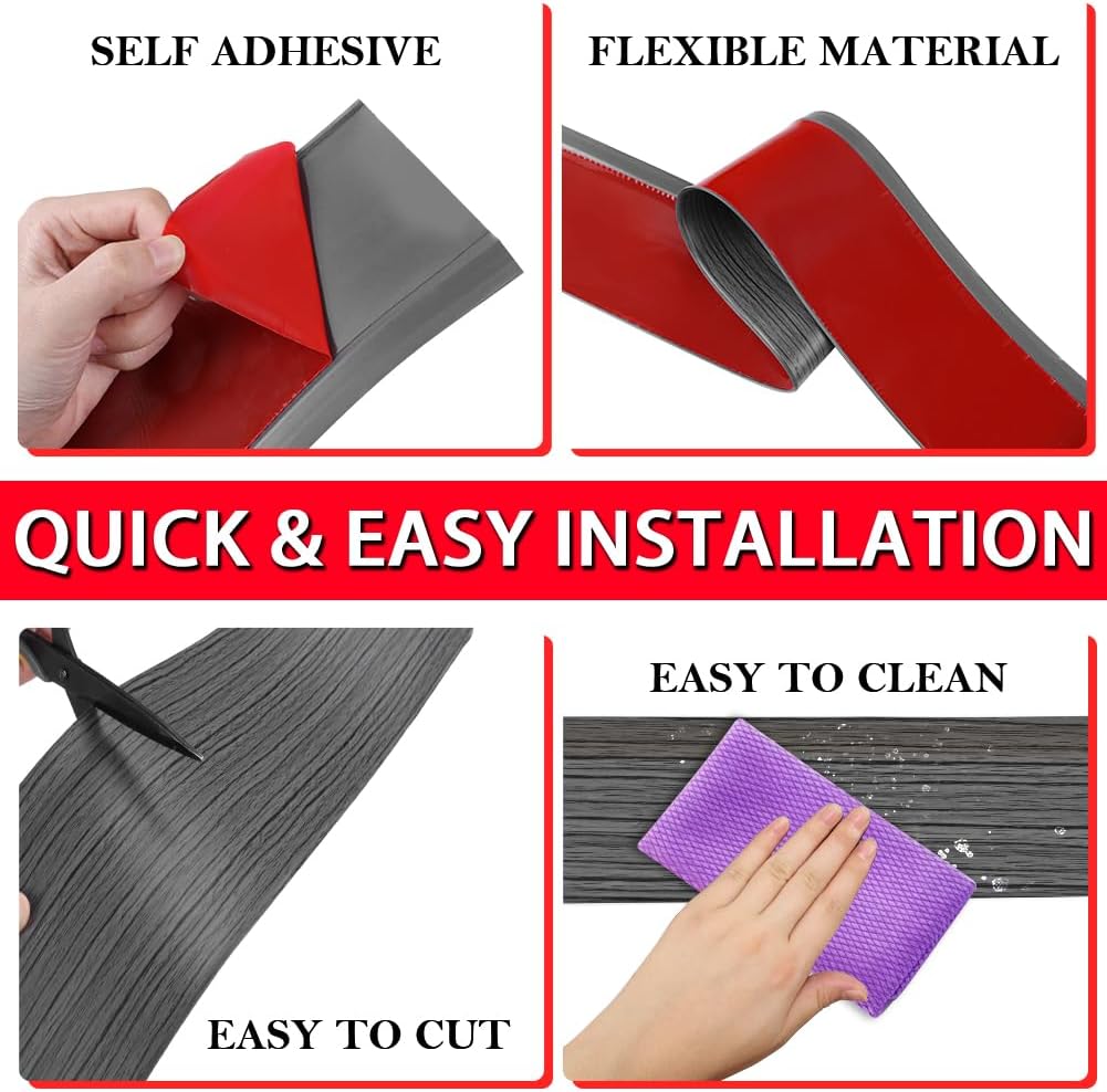 Vinyl Wall Base Baseboard Molding Trim 6" Flexible Self Adhesive Rubber Wall Base Moulding Trim Peel and Stick Design, 6 Inch x 60 Feet, Dark Gray Wood