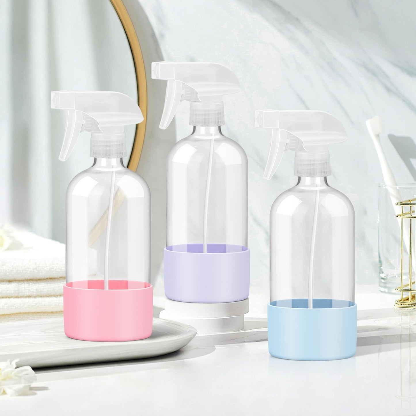 Glass Spray Bottles with Silicone Sleeve Protection, Empty 16 oz Refillable Containers, Reusable Spray Bottles with Adjustable Nozzle for Hair, Cleaning Solutions, 3 Pack Pink&Blue&Purple