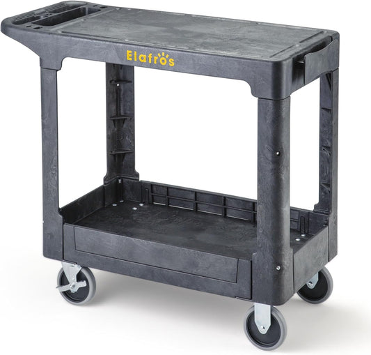 ELAFROS Heavy Duty Plastic Utility Cart Flat top 37 x 18.8 Inch - Work Cart Flat Shelves and 2 Swivel 2 Fixed Wheels Safely Holds up to 550 lbs - 2 Tier Service Cart Mail cart, Gray