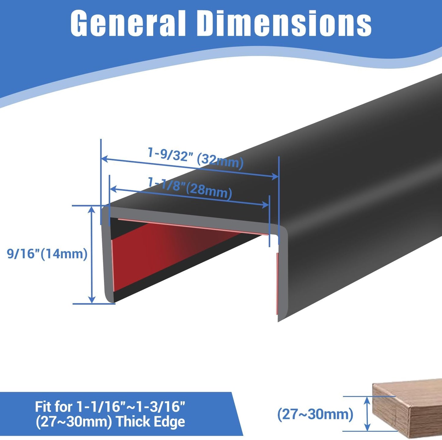 Rubber Edge Trim, Self-Adhesive U Channel Edge Protector for Plywood, Cabinet, 1-1/8" Wood Edge Banding, Flexible Furniture Repair, EPDM Material, Fit 1-1/8"(28mm), Length 10Ft, Black