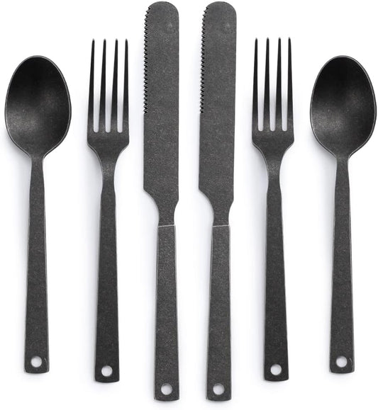 Barebones Flatware Silverware Set - Formal Camping Utensils - Stainless Steel Cutlery Set of 6 - Camping Utensil Set with Forks, Knives, and Spoons (Matte Black)