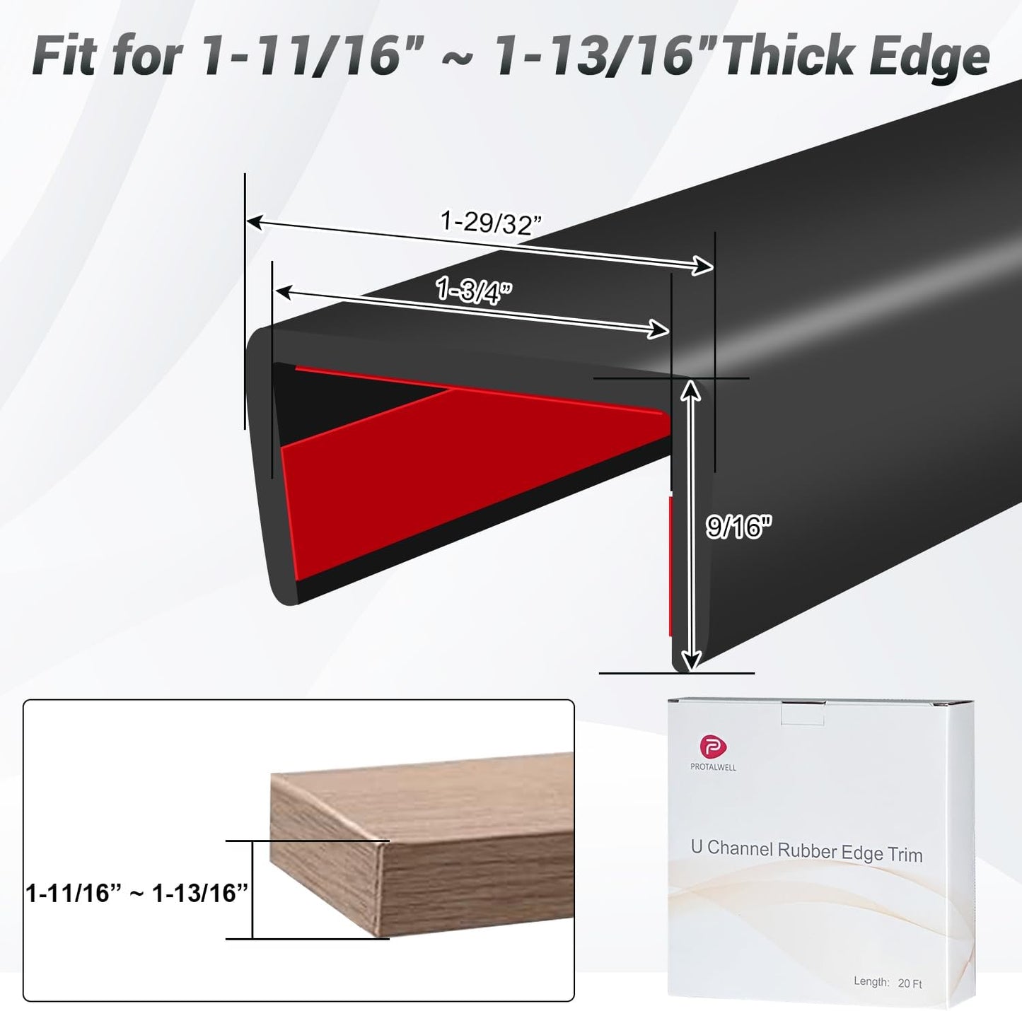 Rubber Edge Trim, 1-3/4 inch Wide U Channel Edge Trim, Big Size U Shaped Trim, Self Adhesive Edge Banding for Plywood, Woods, Doors, Shelf, Cabinet, Countertop, Length 20Ft, Black Gloss Finish